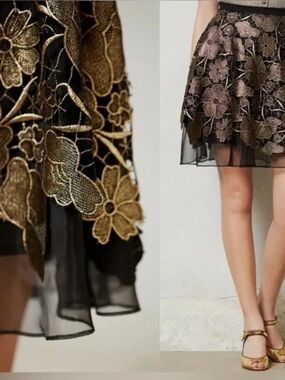 Anthropologie Eva Franco Bouquet Black Gold Lace Organza Full Circle Skirt Sz 0